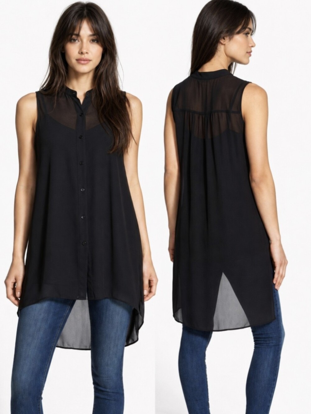 Eileen Fisher Georgette Silk Sheer Tunic Top Sleeveless Black Medium